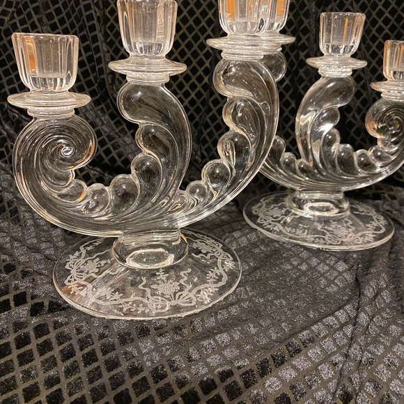 depression Glass Fostoria Romance Plume three candle holders Floral etching - Picture 2 of 5